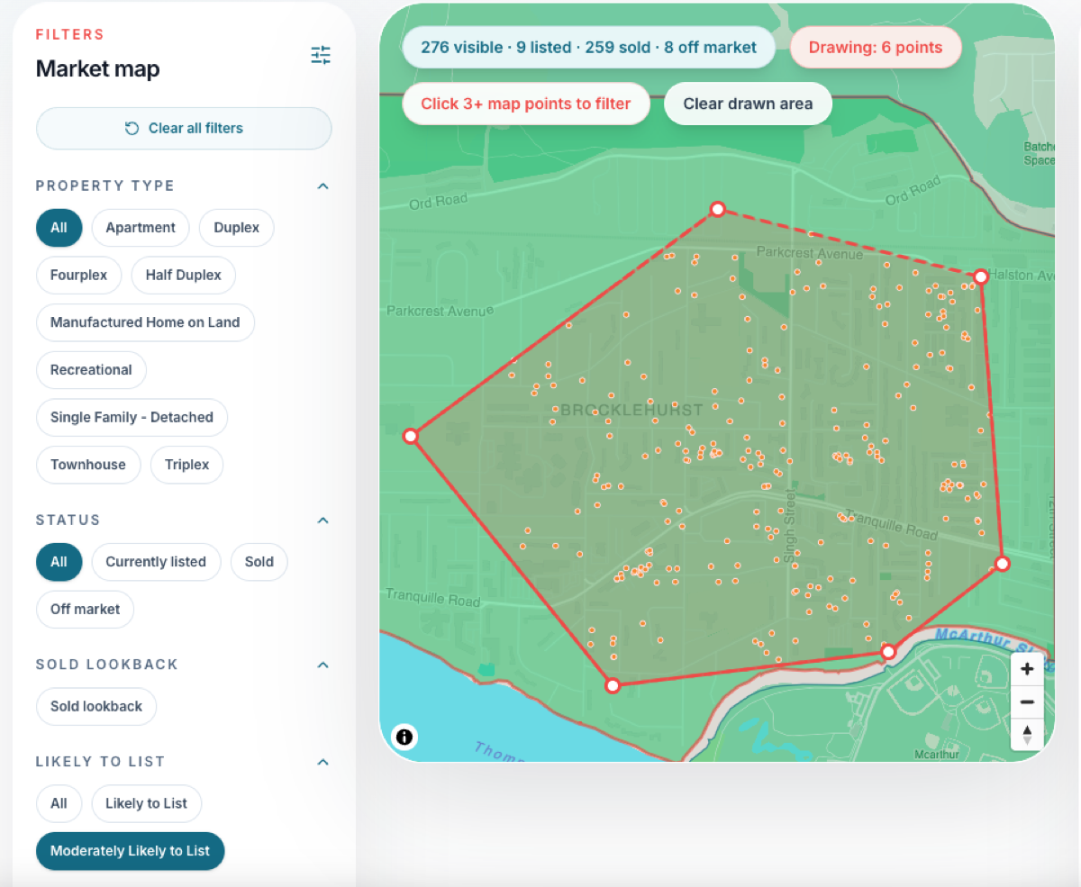 Flown market map showing a drawn farming area and likely-to-list filters