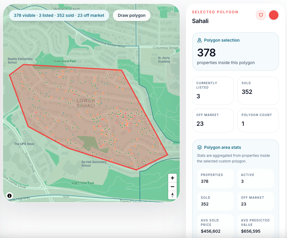 Flown map workspace with a selected custom polygon and property counts